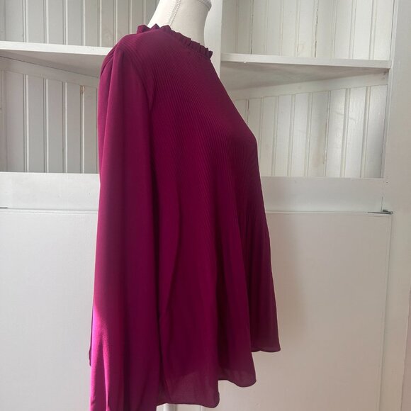 Adrianna Papell Magenta Pleated Blouse Long Sleeve Ruffle Collar Women's M - Picture 3 of 12
